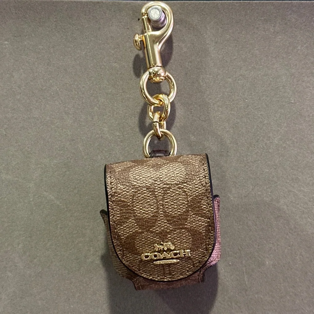 Coach Signature Canvas AirPods Case Charm Khaki Saddle Brown Gold Hardware